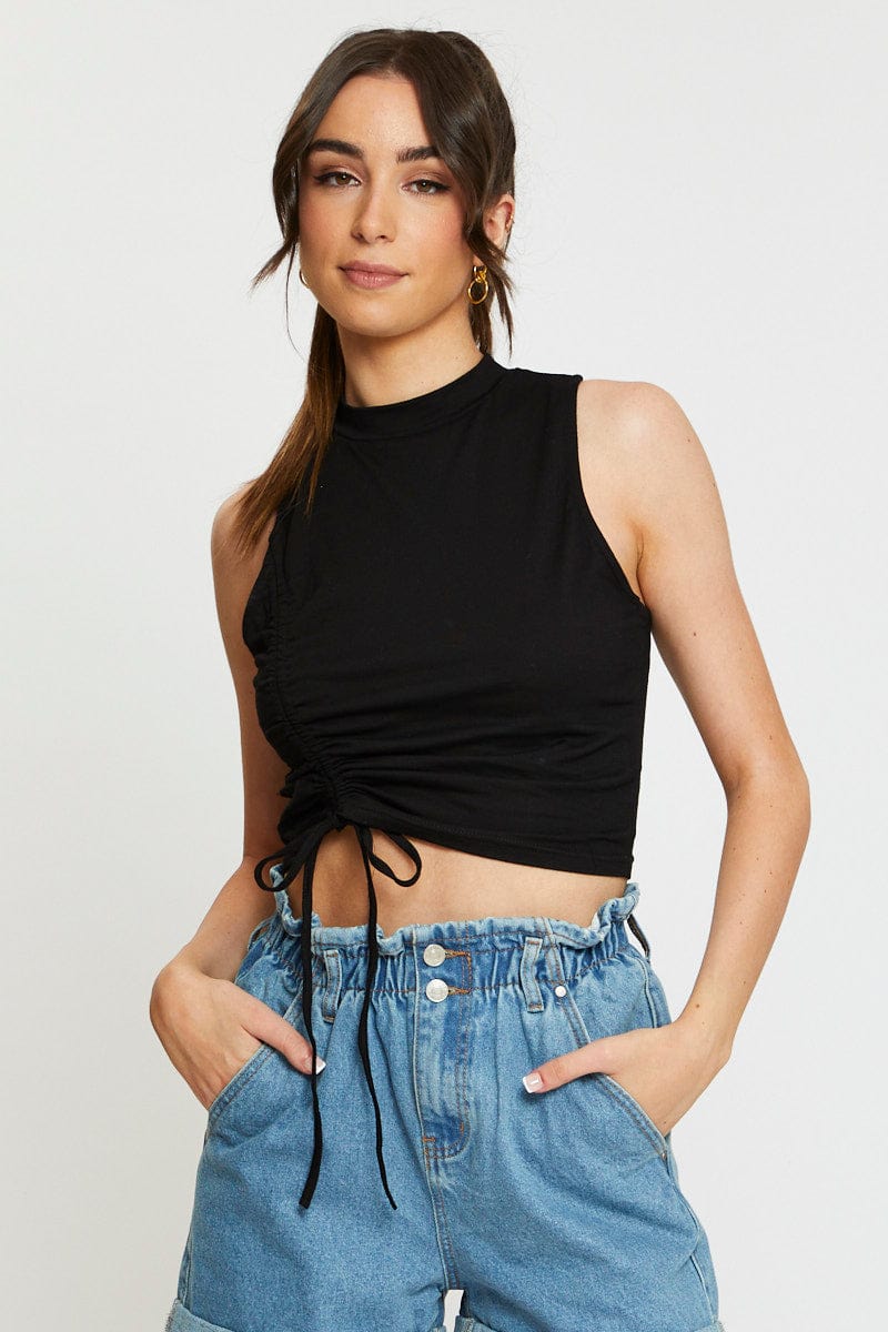 SINGLET CROP Black Crop Top Side Drawstring for Women by Ally