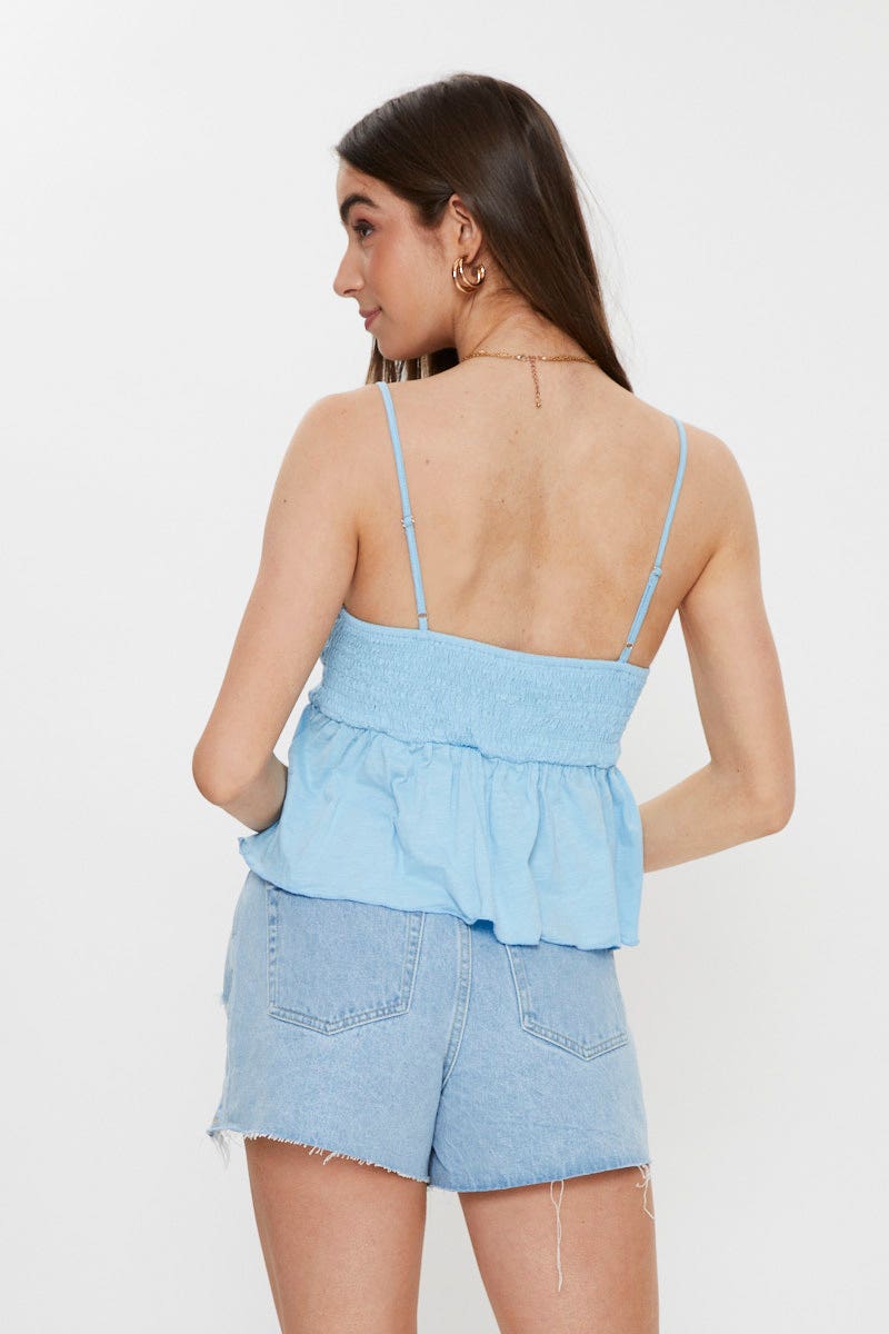 SINGLET CROP Blue Shirred Frill Hem Cami for Women by Ally