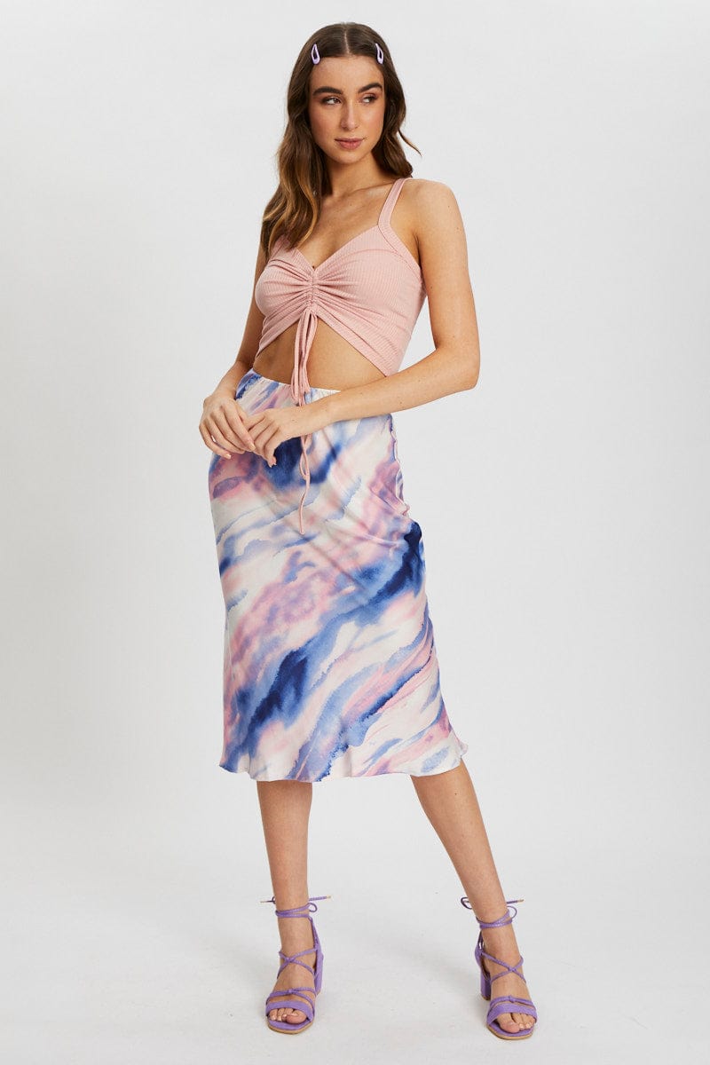 SINGLET CROP Pink Ribbed Ruche Front Singlet for Women by Ally