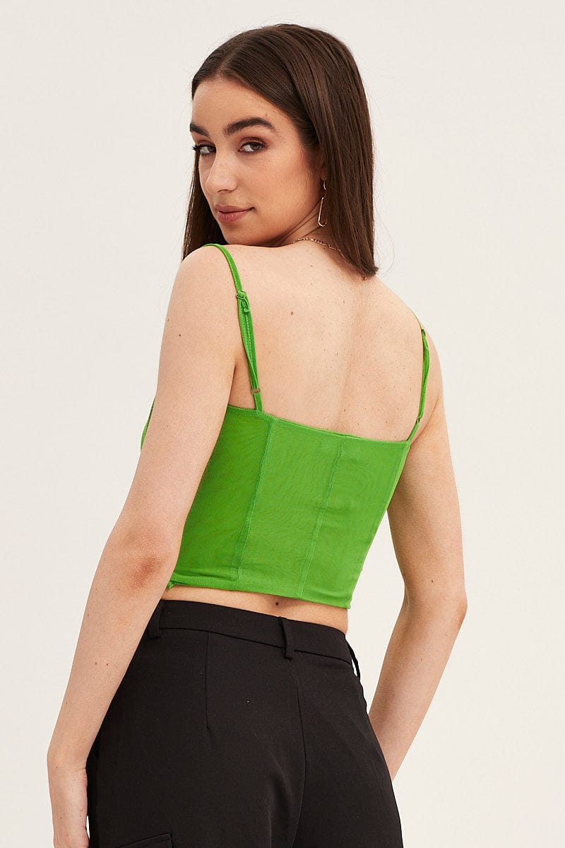 SINGLET Green Mesh Sleeveless Corset Detail Singlet Top for Women by Ally