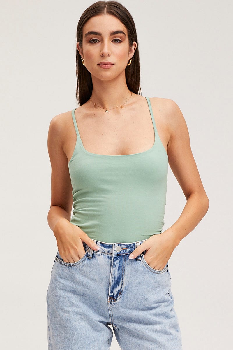 SINGLET Green Singlet Top Sleeveless Cotton for Women by Ally