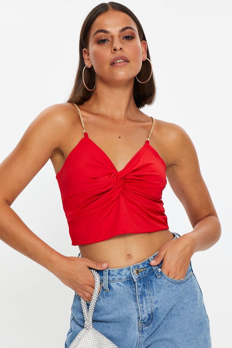 SINGLET Red Chain Strap Slinky Jersey Knot Front Singlet Top for Women by Ally