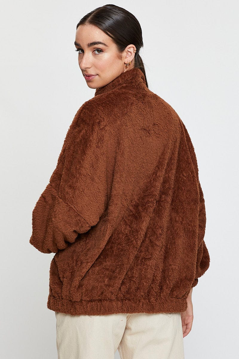 SINGLET REGULAR Camel Teddy Jacket Long Sleeve for Women by Ally