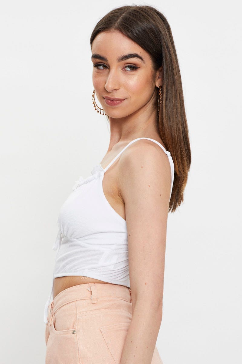 SINGLET SEMI CROP White Ribbed Jersey Tie Front Bustier Cup Singlet Top for Women by Ally