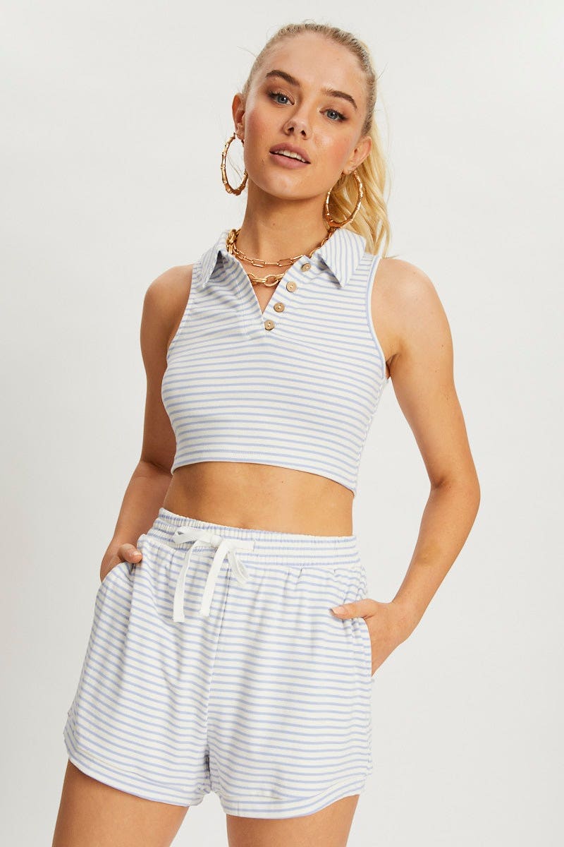 SINGLET Stripe Polo Top And Short Lounge Set for Women by Ally