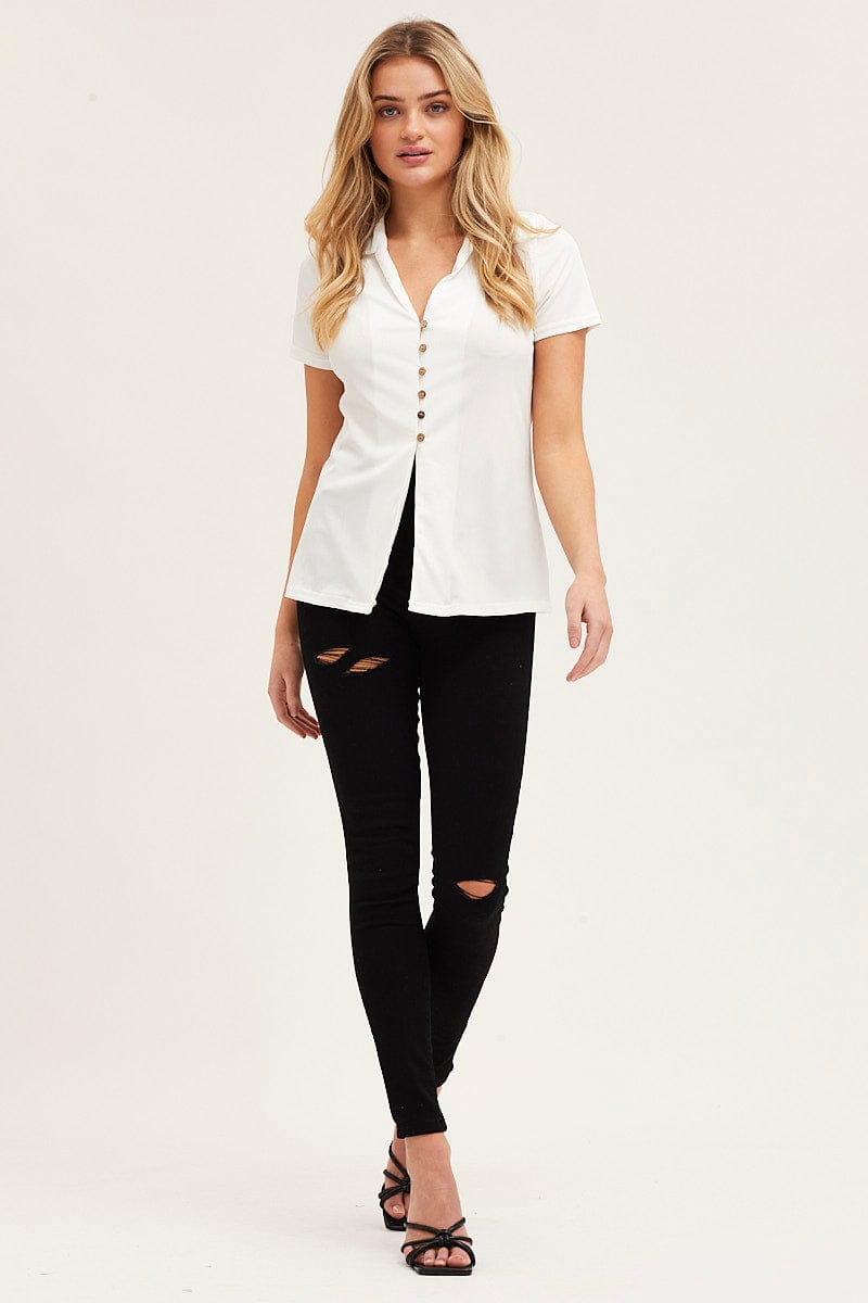 SINGLET White Button Front Shirt for Women by Ally