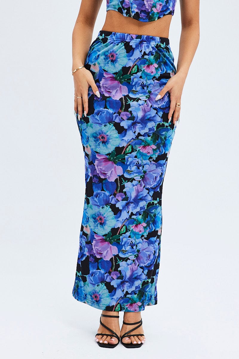 Multi Floral Mesh Maxi Bodycon Tube Skirt for Ally Fashion