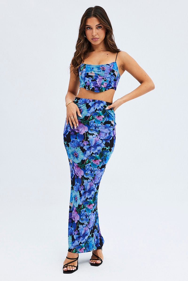 Multi Floral Mesh Maxi Bodycon Tube Skirt for Ally Fashion