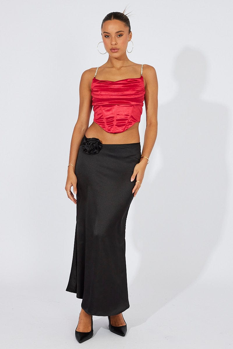 Black Satin Rose Flower Brooch Maxi Skirt for Ally Fashion