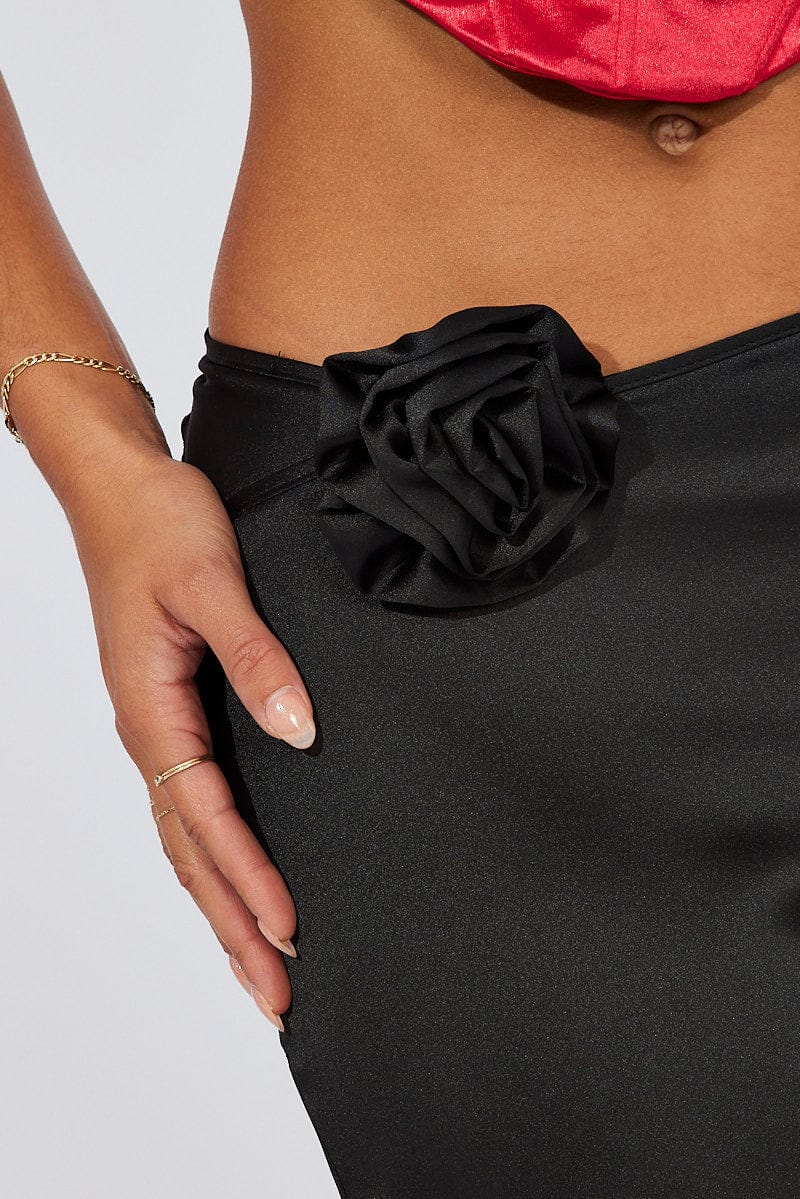 Black Satin Rose Flower Brooch Maxi Skirt for Ally Fashion