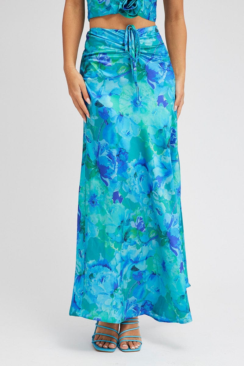 Blue Floral Maxi Skirt Satin Low Rise Draw String Ally Fashion