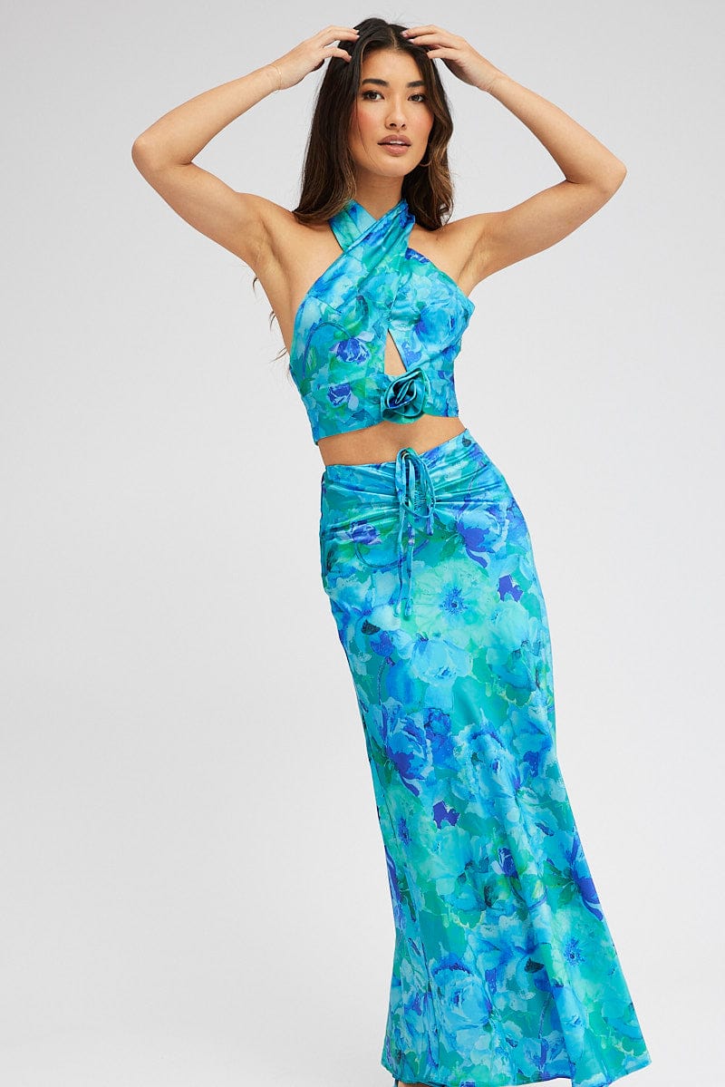 Blue Floral Maxi Skirt Satin Low Rise Draw String for Ally Fashion