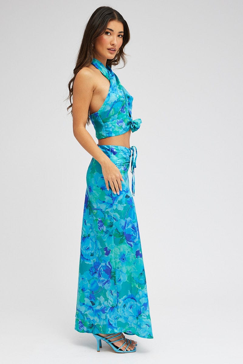 Blue Floral Maxi Skirt Satin Low Rise Draw String for Ally Fashion