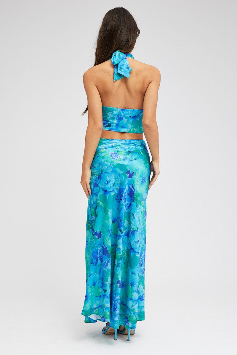 Blue Floral Maxi Skirt Satin Low Rise Draw String for Ally Fashion