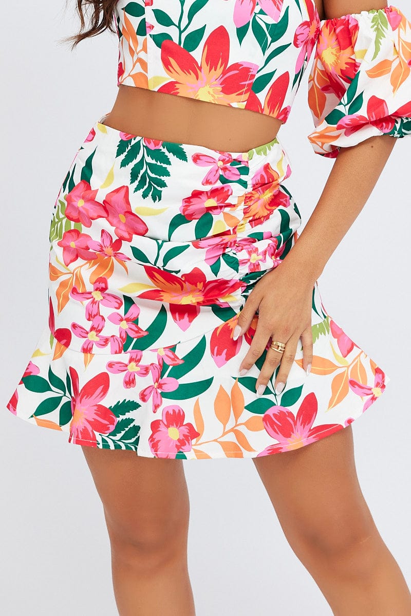 Multi Floral Gathered Skirt Mini Length Ruffle Detail for Ally Fashion