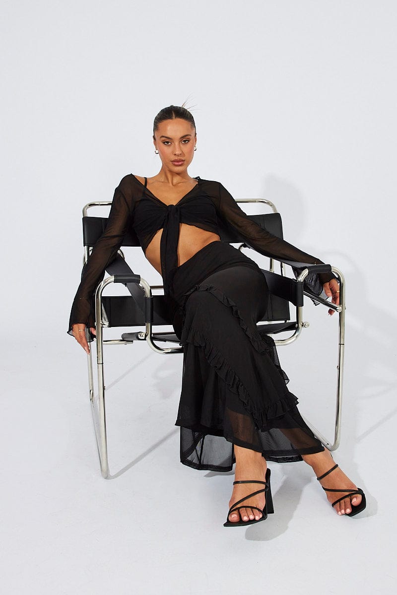 Black Maxi Skirt Mesh Asymmetric Ruffle for Ally Fashion