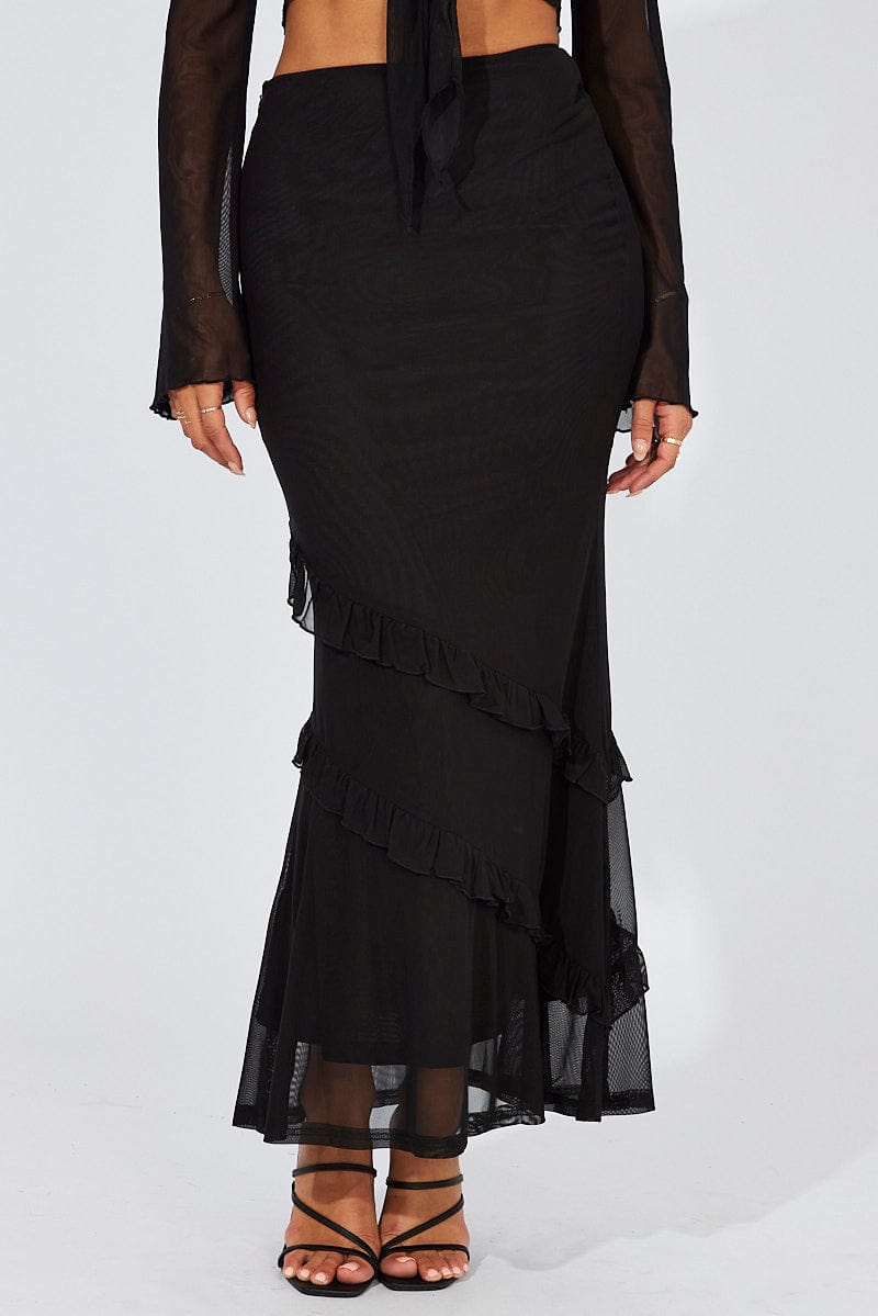 Black Maxi Skirt Mesh Asymmetric Ruffle for Ally Fashion