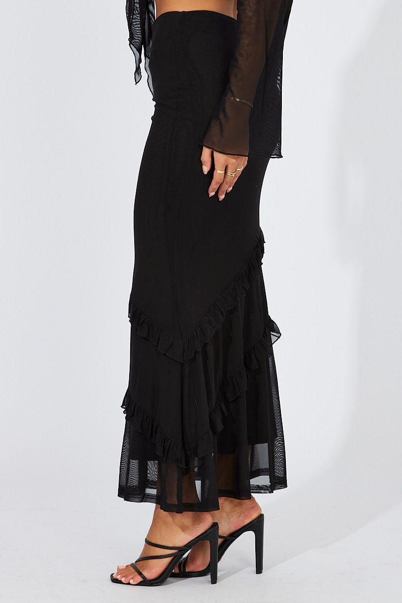 Black Maxi Skirt Mesh Asymmetric Ruffle for Ally Fashion