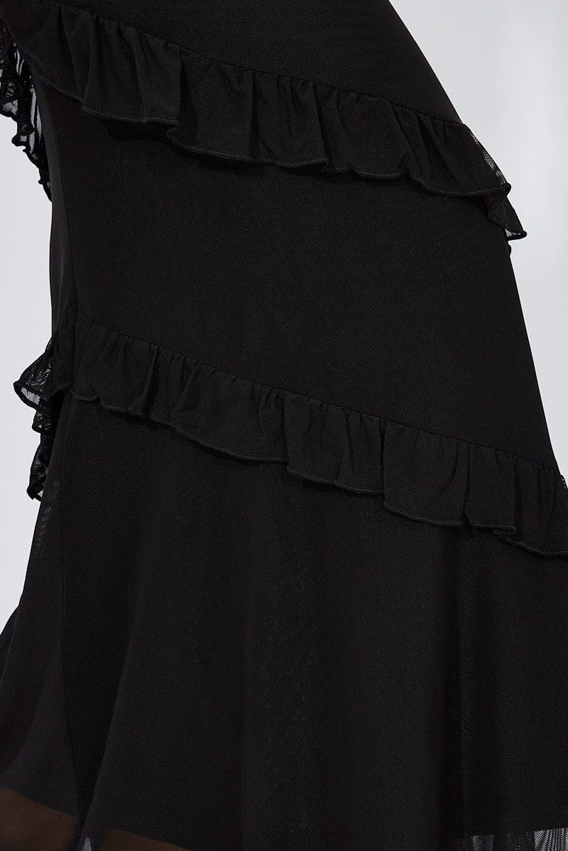 Black Maxi Skirt Mesh Asymmetric Ruffle for Ally Fashion