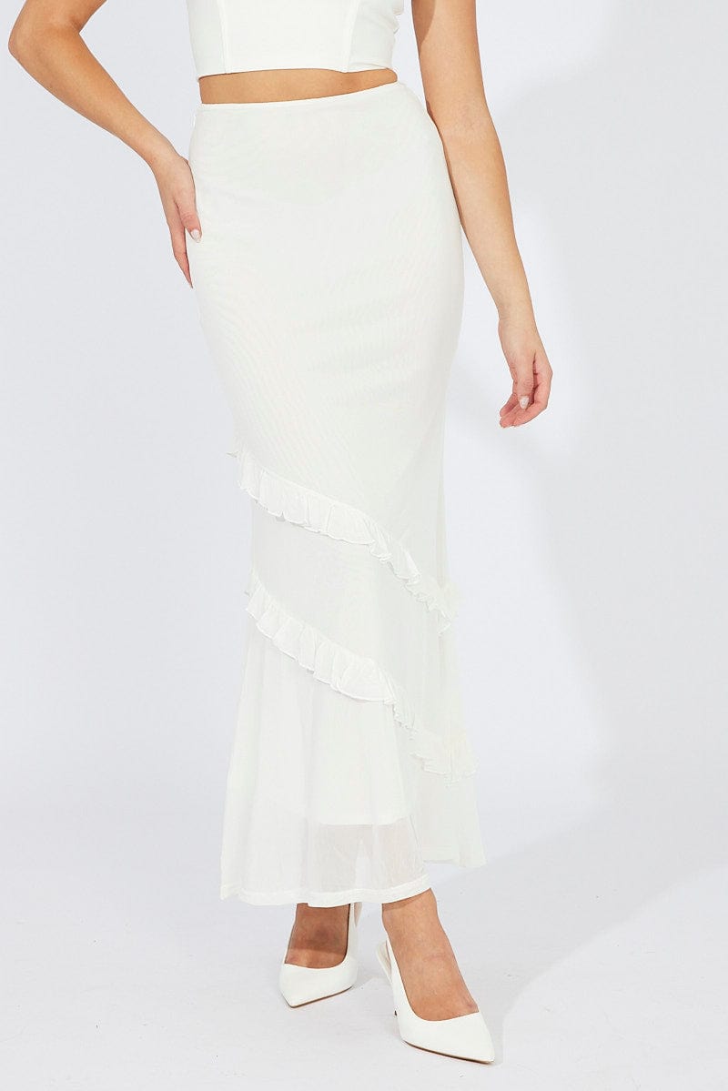 White Maxi Skirt Mesh Asymmetric Ruffle for Ally Fashion