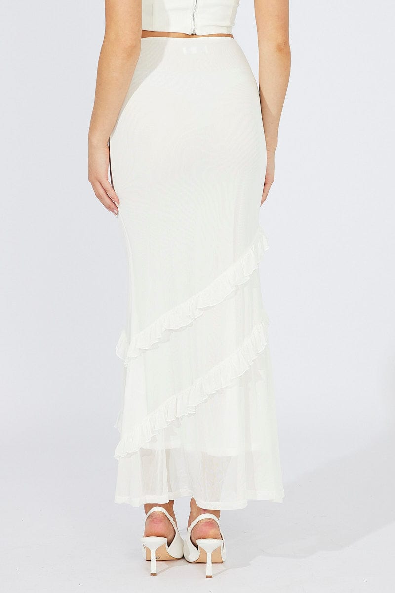 White Maxi Skirt Mesh Asymmetric Ruffle for Ally Fashion