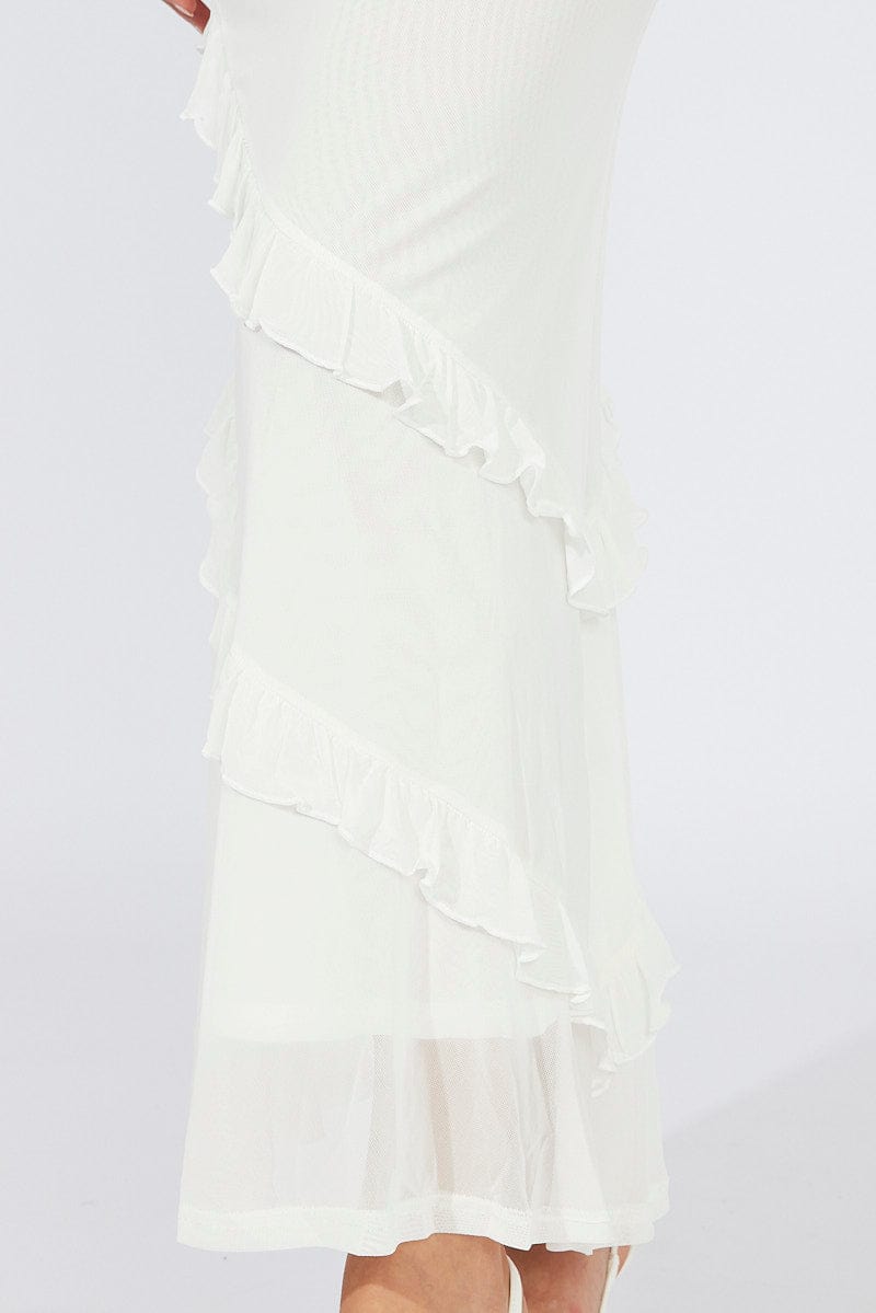 White Maxi Skirt Mesh Asymmetric Ruffle for Ally Fashion