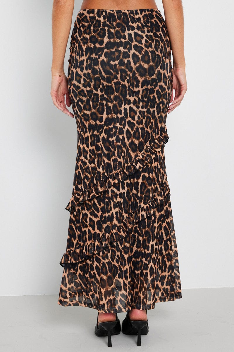 Brown Animal Print Maxi Skirt Leopard Ruffle Mesh Maxi for Ally Fashion
