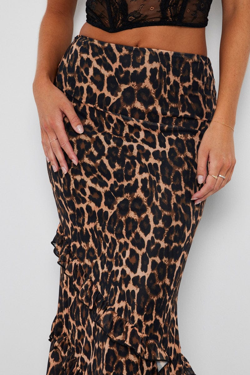 Brown Animal Print Maxi Skirt Leopard Ruffle Mesh Maxi