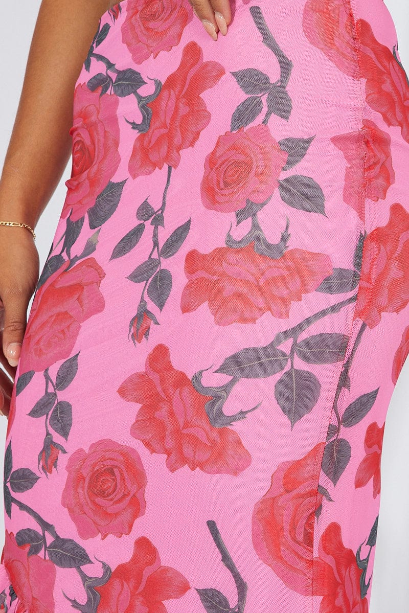 Multi Floral Maxi Skirt Mesh Asymmetric Ruffle for Ally Fashion