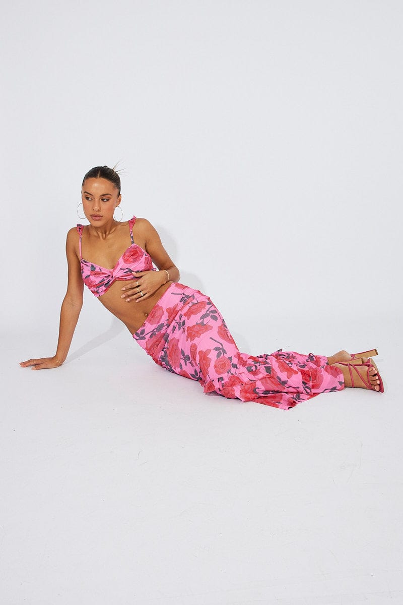 Multi Floral Maxi Skirt Mesh Asymmetric Ruffle for Ally Fashion