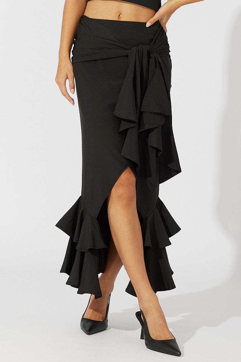 Black Midi Skirt Layered Ruffles for Ally Fashion