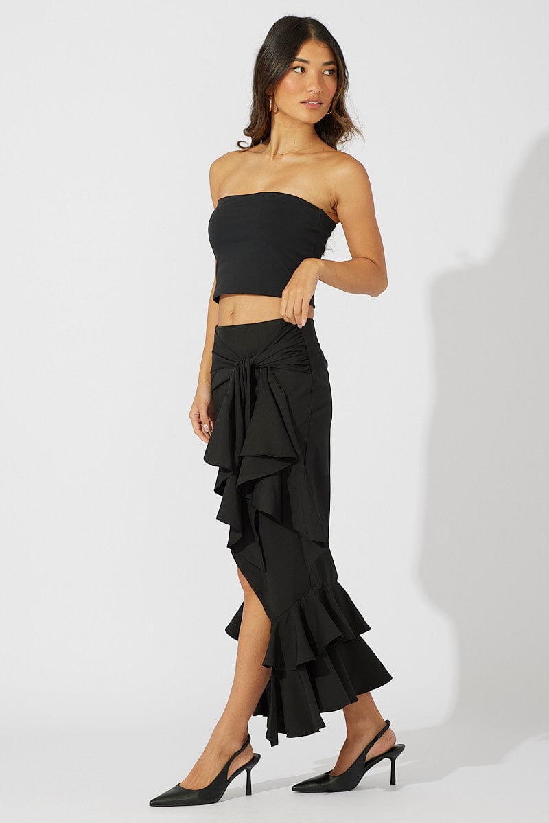 Black Midi Skirt Layered Ruffles for Ally Fashion