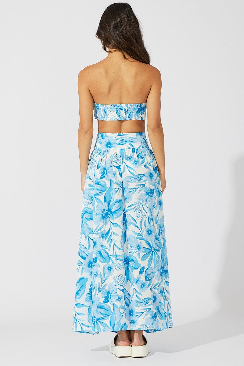 Blue Floral Maxi Skirt Flowy Boho Side Split Skirt for Ally Fashion