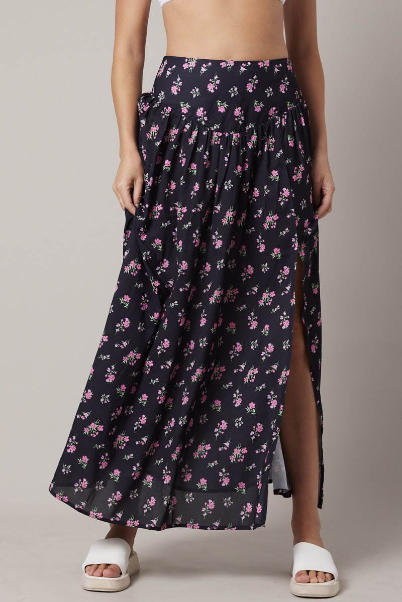 Black Floral Maxi Skirt Bouquet Ditsy Side Split Skirt for Ally Fashion
