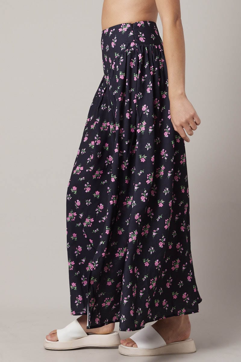 Black Floral Maxi Skirt Bouquet Ditsy Side Split Skirt for Ally Fashion