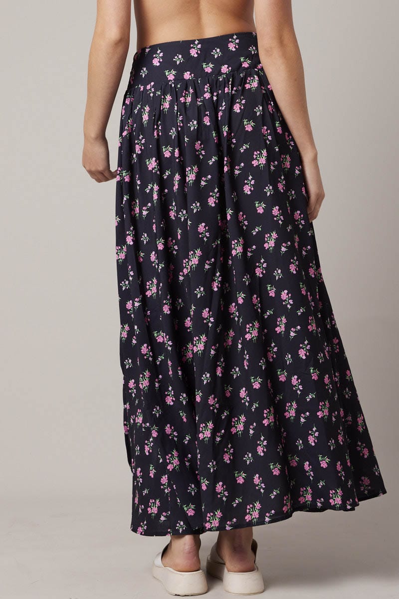 Black Floral Maxi Skirt Bouquet Ditsy Side Split Skirt for Ally Fashion