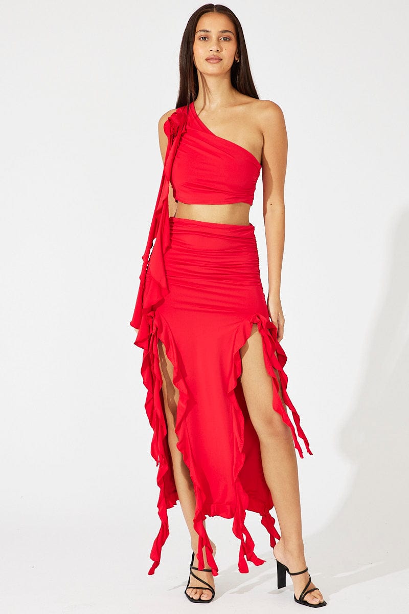 Red Ruffle Maxi Skirt for Ally Fashion