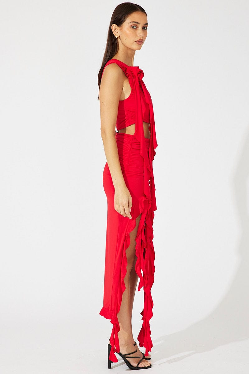 Red Ruffle Maxi Skirt for Ally Fashion