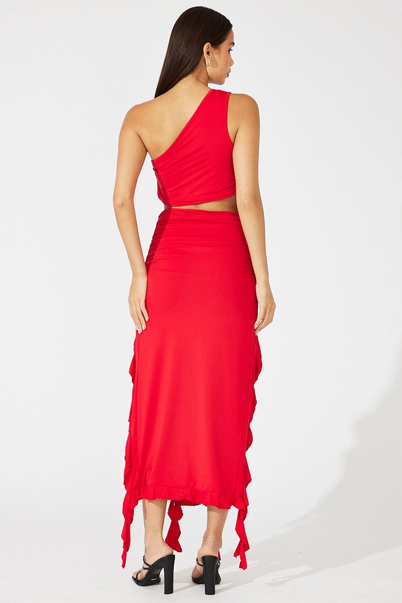 Red Ruffle Maxi Skirt