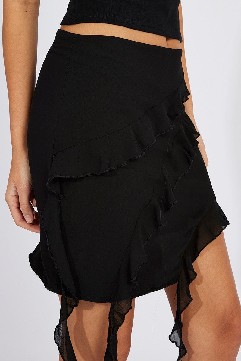 Black Ruffle Mini Skirt Asymmetric Tiered Frills Skirt Ally Fashion