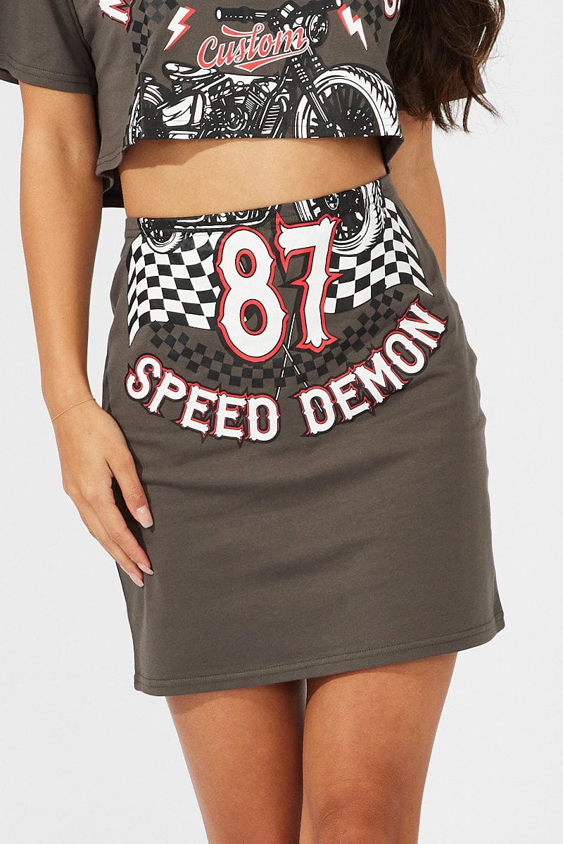 Grey Graphic Skirt Motor Bike Mini Tube Skirt for Ally Fashion