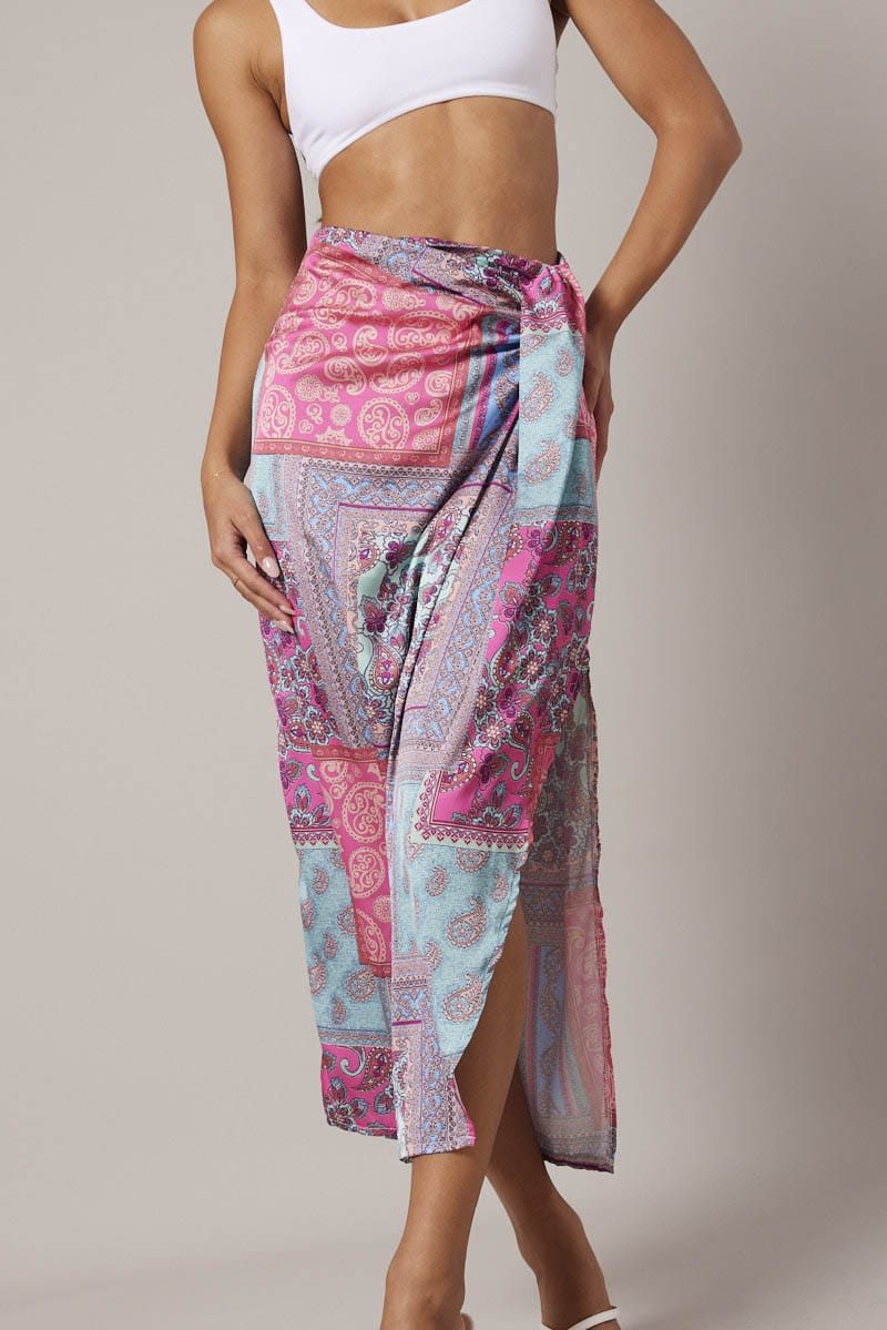 Multi Paisley Scarf Maxi Skirt Gathered Wrap Paisley Satin Skirt for Ally Fashion