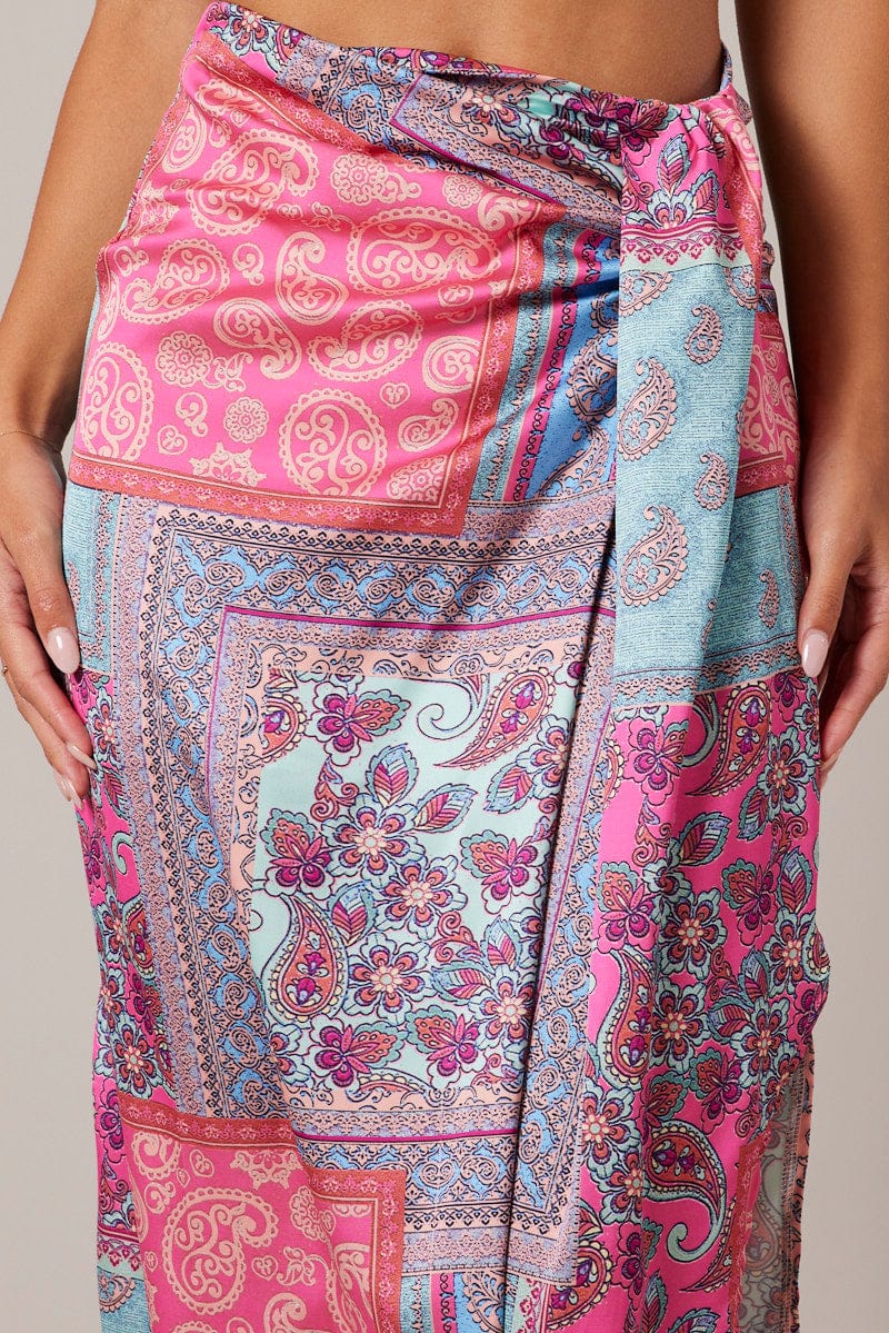 Multi Paisley Scarf Maxi Skirt Gathered Wrap Paisley Satin Skirt for Ally Fashion