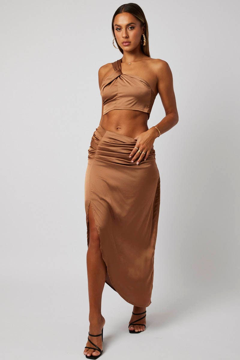 Brown Ruched Maxi Skirt Draped Satin Skirt for Ally Fashion