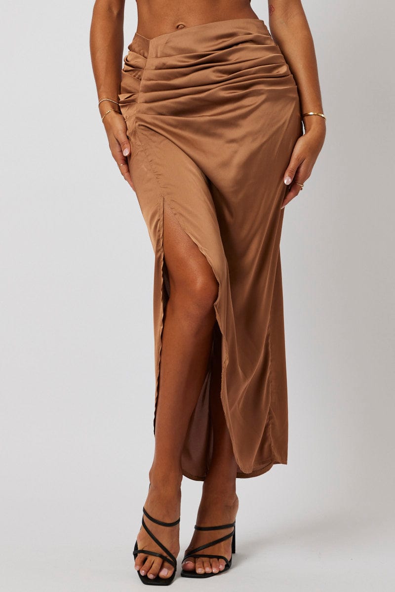 Brown Ruched Maxi Skirt Draped Satin Skirt for Ally Fashion