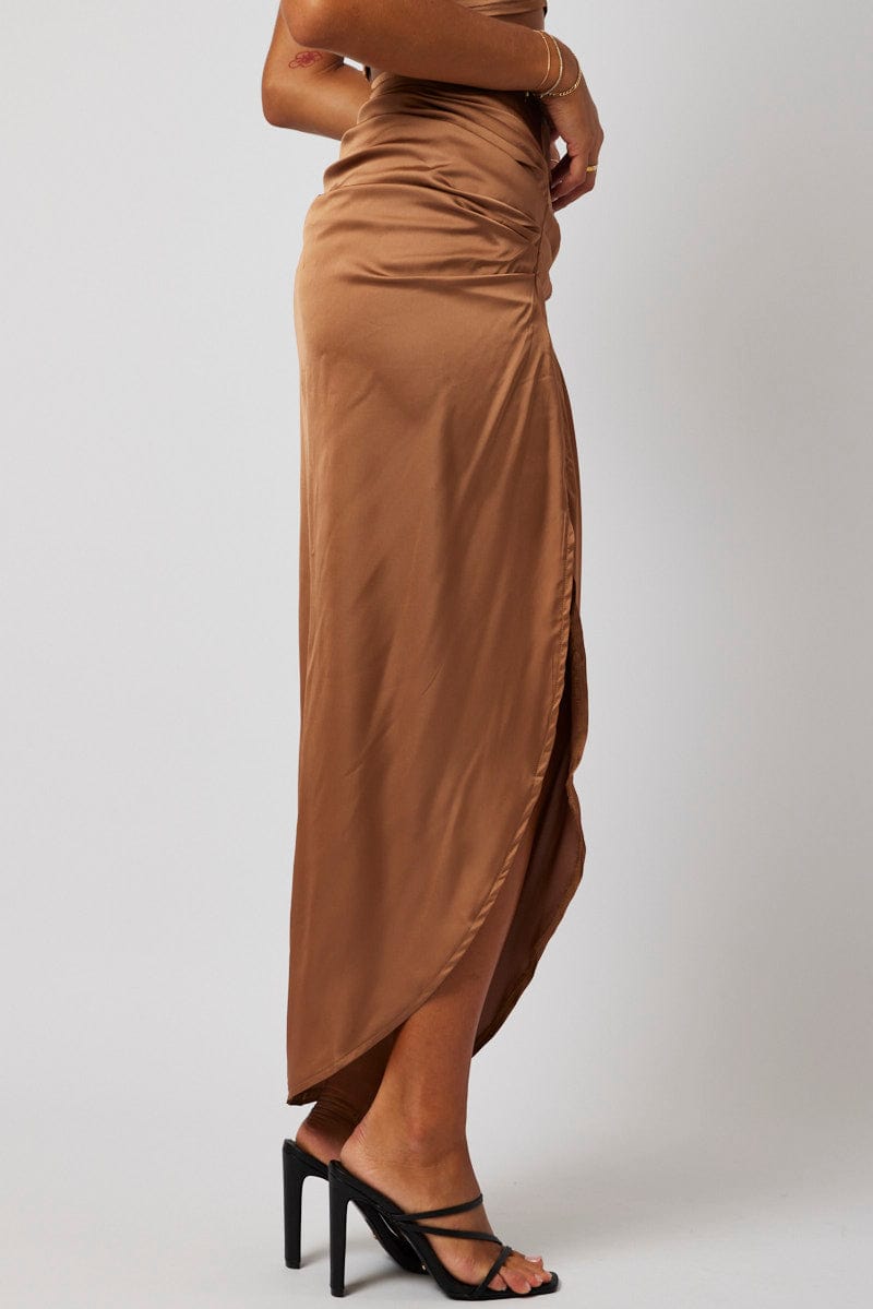 Brown Ruched Maxi Skirt Draped Satin Skirt for Ally Fashion