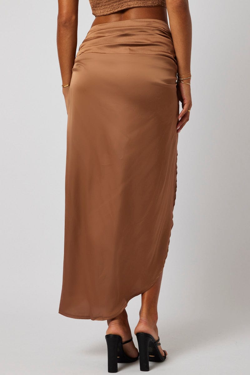 Brown Ruched Maxi Skirt Draped Satin Skirt for Ally Fashion