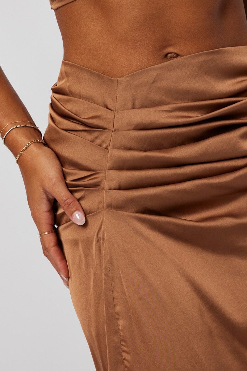 Brown Ruched Maxi Skirt Draped Satin Skirt for Ally Fashion