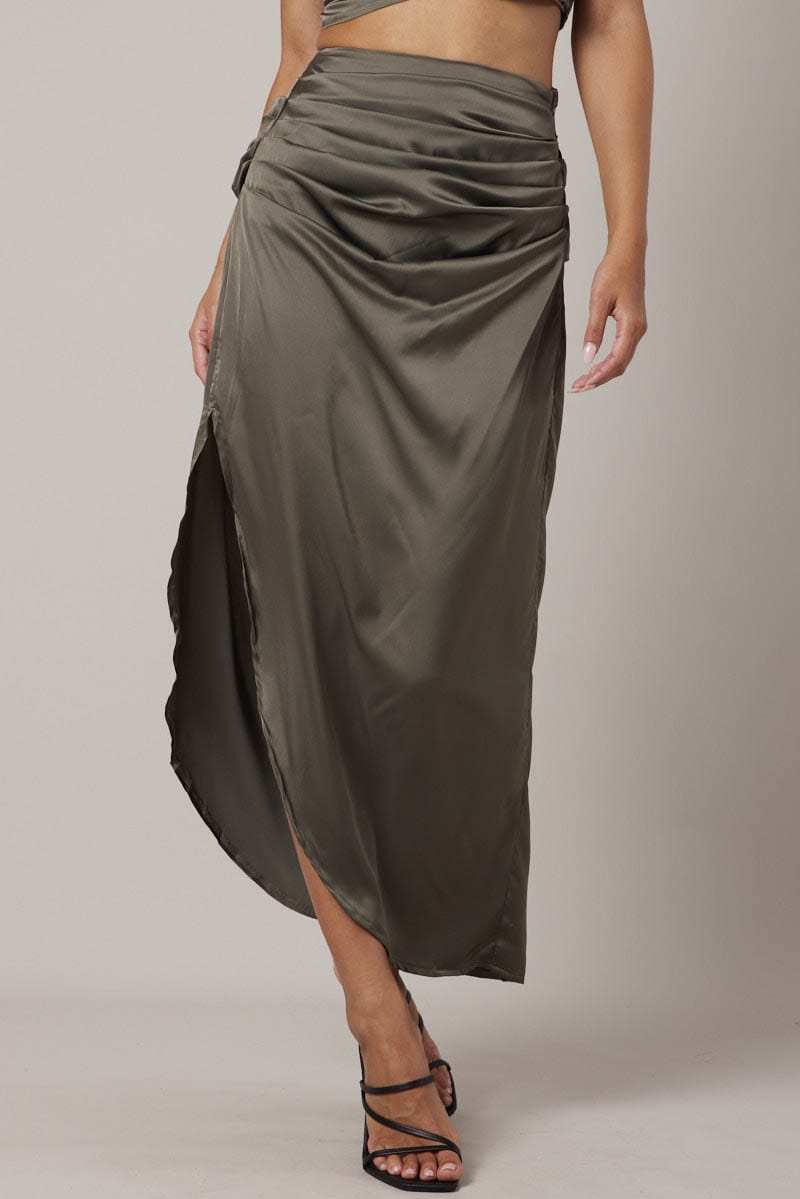 Green Ruched Maxi Skirt Draped Satin Skirt for Ally Fashion