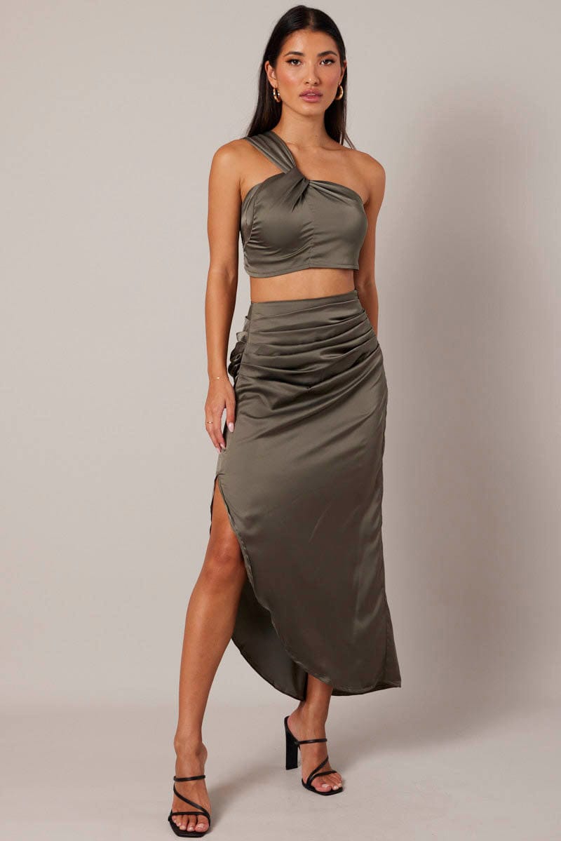 Green Ruched Maxi Skirt Draped Satin Skirt for Ally Fashion